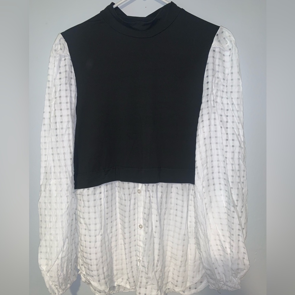 Patchwork 2 In 1 Peplum Blouse Top Button Down Mock Neck Long Sleeve Tunics